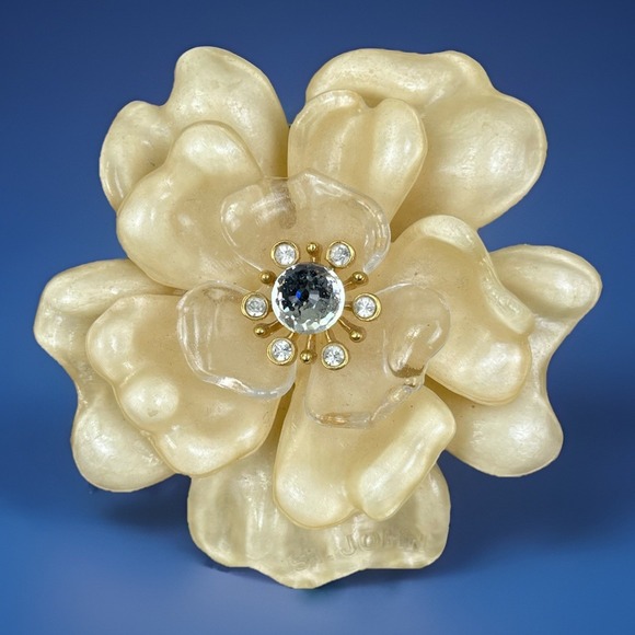 St. John Jewelry - Vtg. ST JOHN‎ Lucite Swarovski Crystal Camellia Flower Pin BROOCH Couture LARGE